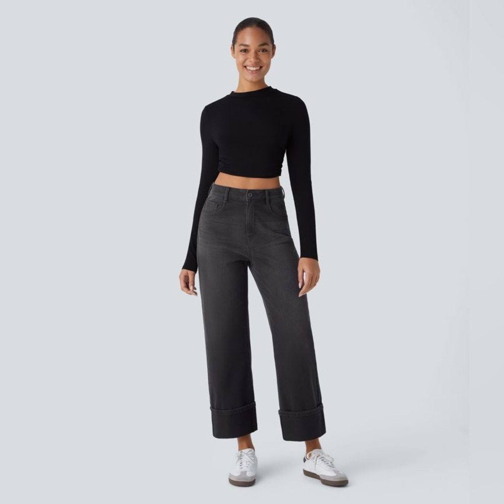 HALARA Flex Denim High Waist Roll Hem Ink Black Wash Jeans Women's M Tall MT NWT